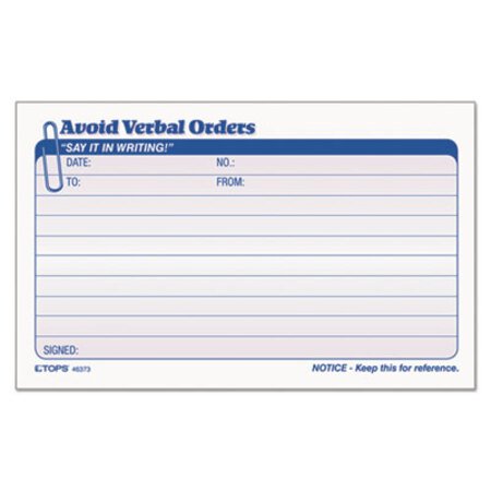 Picture of Avoid Verbal Orders Manifold Book, 6 1/4 x 4 1/4, 2-Part Carbonless, 50 Sets/BKTOP-46373
