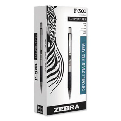 Picture of F-301 Ballpoint Pen, Retractable, Fine 0.7 mm, Black Ink, Stainless Steel/Black BarrelZEB-27110