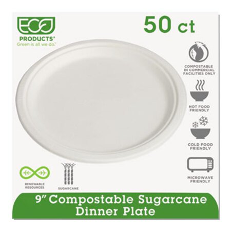 Picture of Renewable and Compostable Sugarcane Plates, 9" dia, Natural White, 50/PacksECO-EPP013PK