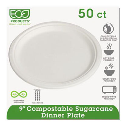 Picture of Renewable and Compostable Sugarcane Plates, 9" dia, Natural White, 50/PacksECO-EPP013PK