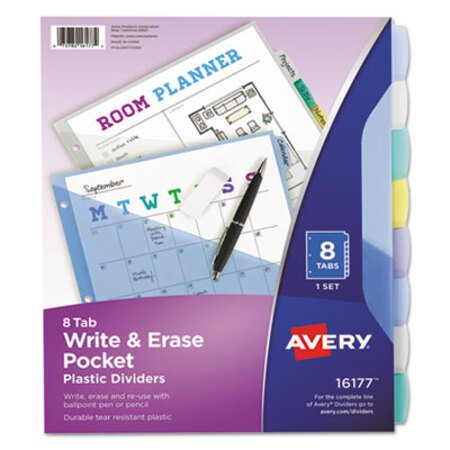 Picture of Write and Erase Durable Plastic Dividers with Pocket, 3-Hold Punched, 8-Tab, 11.13 x 9.25, Assorted, 1 SetAVE-16177