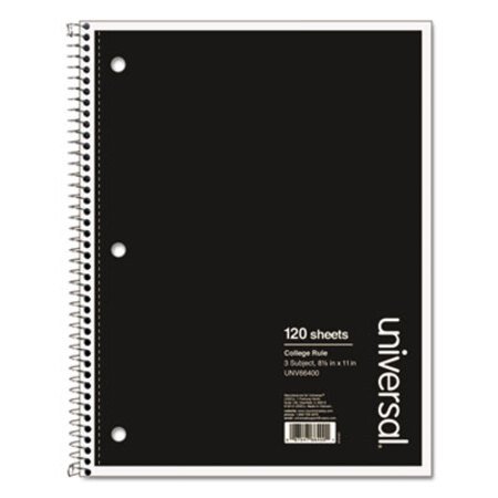 Picture of Wirebound Notebook, 3 Subjects, Medium/College Rule, Black Cover, 11 x 8.5, 120 SheetsUNV-66400