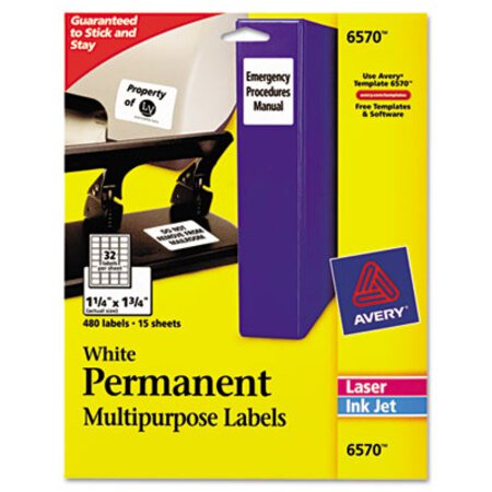 Picture of Permanent ID Labels w/ Sure Feed Technology, Inkjet/Laser Printers, 1.25 x 1.75, White, 32/Sheet, 15 Sheets/PackAVE-6570