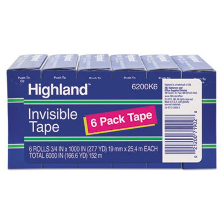 Picture of Invisible Permanent Mending Tape, 1" Core, 0.75" x 83.33 ft, Clear, 6/PackMMM-6200K6