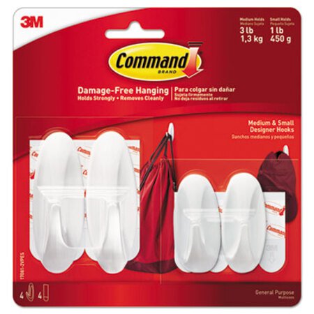 Picture of General Purpose Designer Hooks, Small/Medium, 3 lb Cap, White, 4 Hooks and 4 Strips/PackMMM-170812VPES
