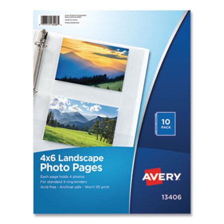 Picture of Photo Storage Pages for Four 4 x 6 Horizontal Photos, 3-Hole Punched, 10/PackAVE-13406