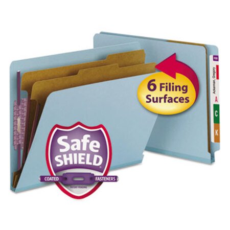 Picture of End Tab Colored Pressboard Classification Folders with SafeSHIELD Coated Fasteners, 2 Dividers, Letter Size, Blue, 10/BoxSMD-26781