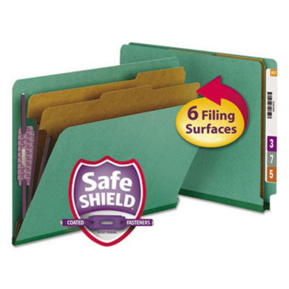 Picture of End Tab Colored Pressboard Classification Folders with SafeSHIELD Coated Fasteners, 2 Dividers, Letter Size, Green, 10/BoxSMD-26785