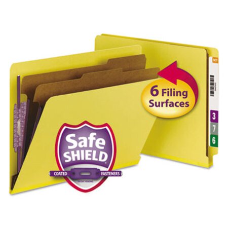 Picture of End Tab Colored Pressboard Classification Folders with SafeSHIELD Coated Fasteners, 2 Dividers, Letter Size, Yellow, 10/BoxSMD-26789
