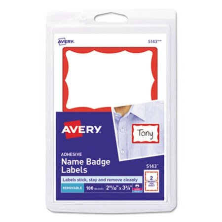 Picture of Printable Adhesive Name Badges, 3.38 x 2.33, Red Border, 100/PackAVE-5143
