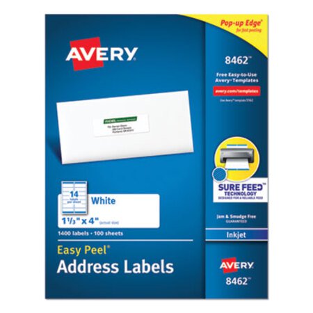 Picture of Easy Peel White Address Labels w/ Sure Feed Technology, Inkjet Printers, 1.33 x 4, White, 14/Sheet, 100 Sheets/BoxAVE-8462