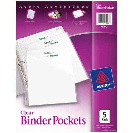 Picture of Binder Pockets, 3-Hole Punched, 9 1/4 x 11, Clear, 5/PackAVE-75243