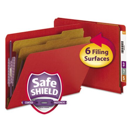 Picture of End Tab Pressboard Classification Folders with SafeSHIELD Fasteners, 2 Dividers, Letter Size, Bright Red, 10/BoxSMD-26783