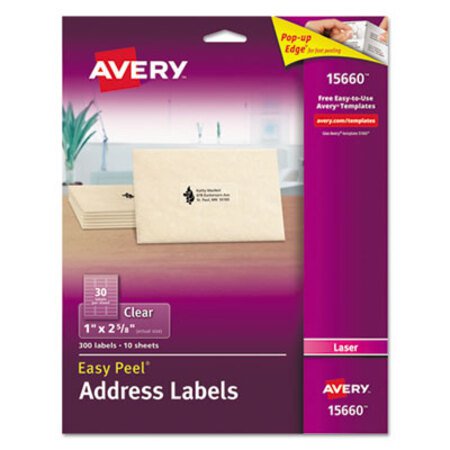 Picture of Matte Clear Easy Peel Mailing Labels w/ Sure Feed Technology, Laser Printers, 1 x 2.63, Clear, 30/Sheet, 10 Sheets/PackAVE-15660