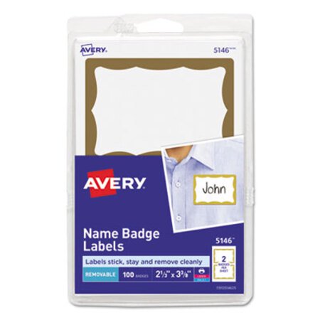 Picture of Printable Adhesive Name Badges, 3.38 x 2.33, Gold Border, 100/PackAVE-5146