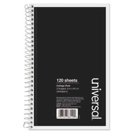 Picture of Wirebound Notebook, 3 Subjects, Medium/College Rule, Black Cover, 9.5 x 6, 120 SheetsUNV-66410