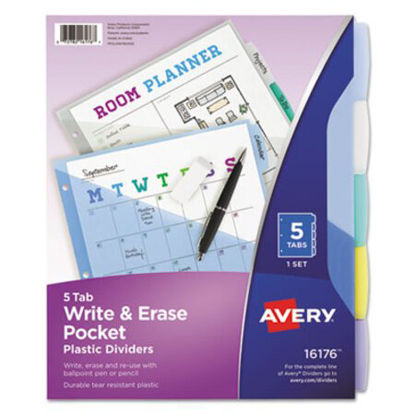 Picture of Write and Erase Durable Plastic Dividers with Pocket, 3-Hold Punched, 5-Tab, 11.13 x 9.25, Assorted, 1 SetAVE-16176