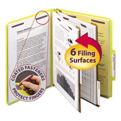 Picture of Six-Section Pressboard Top Tab Classification Folders with SafeSHIELD Fasteners, 2 Dividers, Letter Size, Yellow, 10/BoxSMD-14034