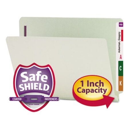 Picture of End Tab 1" Expansion Pressboard File Folders w/Two SafeSHIELD Coated Fasteners, Straight Tab, Letter Size, Gray-Green, 25/BoxSMD-34705