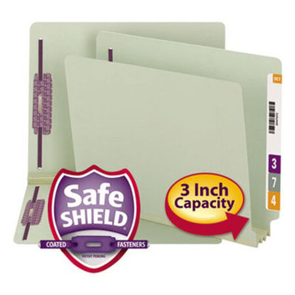 Picture of End Tab 3" Expansion Pressboard File Folders w/Two SafeSHIELD Coated Fasteners, Straight Tab, Letter Size, Gray-Green, 25/BoxSMD-34725