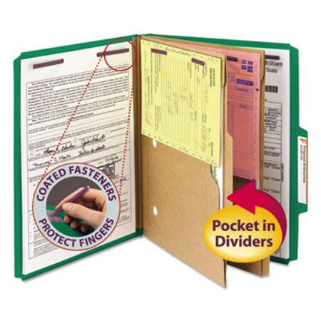 Picture of 6-Section Pressboard Top Tab Pocket-Style Classification Folders with SafeSHIELD Fasteners, 2 Dividers, Letter, Green, 10/BoxSMD-14083