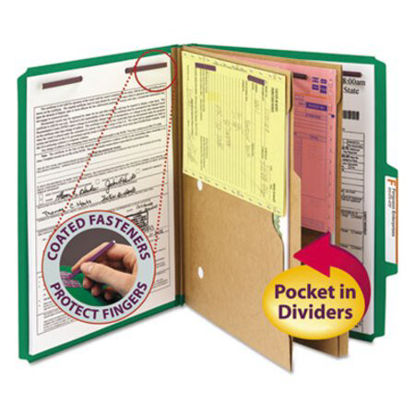 Picture of 6-Section Pressboard Top Tab Pocket-Style Classification Folders with SafeSHIELD Fasteners, 2 Dividers, Letter, Green, 10/BoxSMD-14083