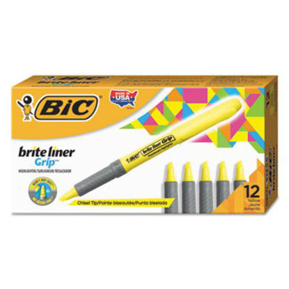 Picture of Brite Liner Grip Pocket Highlighter, Fluorescent Yellow Ink, Chisel Tip, Yellow/Black/Silver Barrel, DozenBIC-GBL11YW