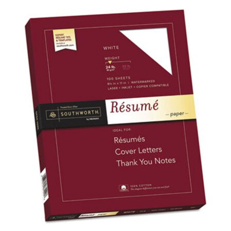 Picture of 100% Cotton Resume Paper, 95 Bright, 24 lb, 8.5 x 11, White, 100/PackSOU-R14CF