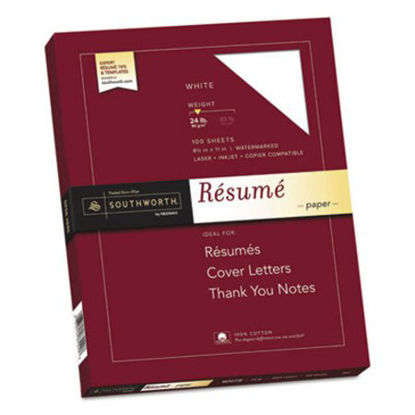 Picture of 100% Cotton Resume Paper, 95 Bright, 24 lb, 8.5 x 11, White, 100/PackSOU-R14CF