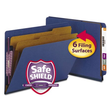 Picture of End Tab Pressboard Classification Folders with SafeSHIELD Fasteners, 2 Dividers, Letter Size, Dark Blue, 10/BoxSMD-26784