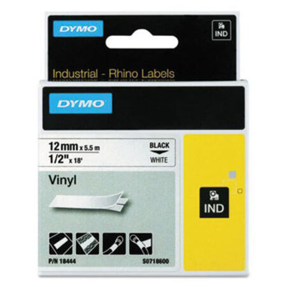 Picture of Rhino Permanent Vinyl Industrial Label Tape, 0.5" x 18 ft, White/Black PrintDYM-18444