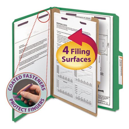 Picture of Four-Section Pressboard Top Tab Classification Folders with SafeSHIELD Fasteners, 1 Divider, Letter Size, Green, 10/BoxSMD-13733