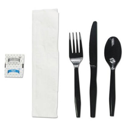 Picture of Six-Piece Cutlery Kit, Condiment/Fork/Knife/Napkin/Teaspoon, Black, 250/CartonBWK-FKTNSMWPSBLA