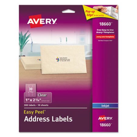 Picture of Matte Clear Easy Peel Mailing Labels w/ Sure Feed Technology, Inkjet Printers, 1 x 2.63, Clear, 30/Sheet, 10 Sheets/PackAVE-18660