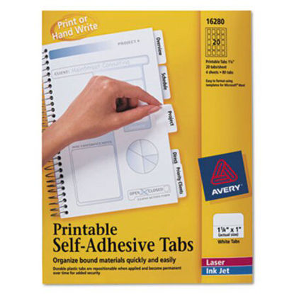 Picture of Printable Plastic Tabs with Repositionable Adhesive, 1/5-Cut Tabs, White, 1.25" Wide, 96/PackAVE-16280