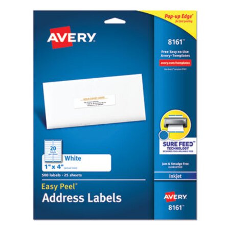 Picture of Easy Peel White Address Labels w/ Sure Feed Technology, Inkjet Printers, 1 x 4, White, 20/Sheet, 25 Sheets/PackAVE-8161