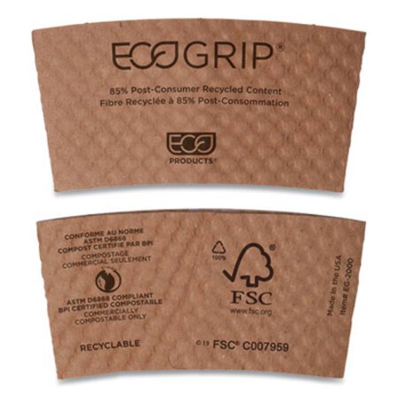 Picture of EcoGrip Hot Cup Sleeves - Renewable and Compostable, Fits 12, 16, 20, 24 oz Cups, Kraft, 1,300/CartonECO-EG2000
