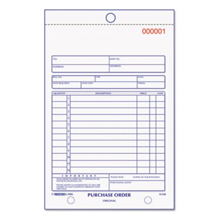 Picture of Purchase Order Book, Bottom Punch, 5 1/2 x 7 7/8, Two-Part Carbonless, 50 FormsRED-1L140
