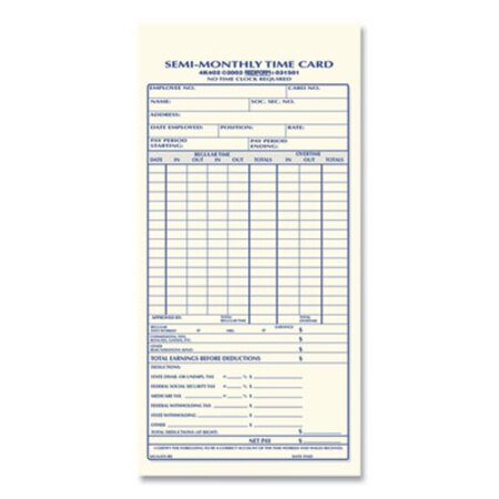 Picture of Semi-Monthly Employee Time Cards, One Side, 4.25 x 8, 100/PadRED-4K402