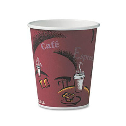 Picture of Solo Paper Hot Drink Cups in Bistro Design, 10 oz, Maroon, 50/PackSCC-370SIPK