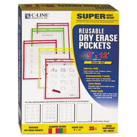 Picture of Reusable Dry Erase Pockets, 9 x 12, Assorted Neon Colors, 25/BoxCLI-40820