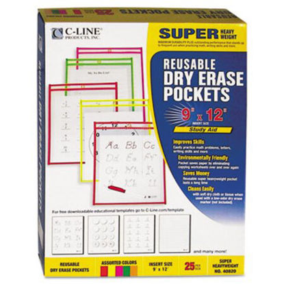 Picture of Reusable Dry Erase Pockets, 9 x 12, Assorted Neon Colors, 25/BoxCLI-40820