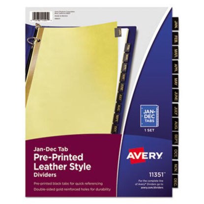Picture of Preprinted Black Leather Tab Dividers w/Gold Reinforced Edge, 12-Tab, LtrAVE-11351