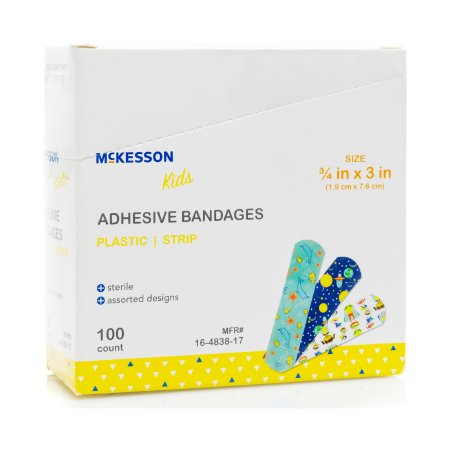 Picture of Adhesive Strip McKesson Kids™ 3/4 X 3 Inch Plastic Rectangle Kid Design (Assorted Prints) Sterile16-4838-17