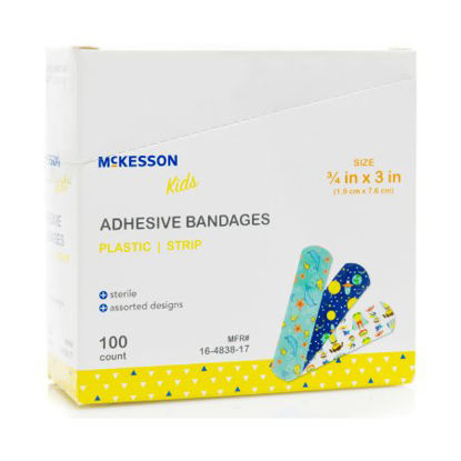 Picture of Adhesive Strip McKesson Kids™ 3/4 X 3 Inch Plastic Rectangle Kid Design (Assorted Prints) Sterile16-4838-17