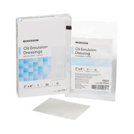 Picture of Oil Emulsion Impregnated Dressing McKesson 3 X 8 Inch Acetate Gauze USP White Petrolatum / Mineral Oil Sterile61-77042