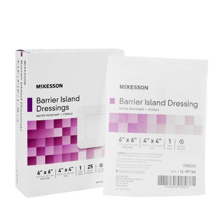 Picture of Composite Barrier Island Dressing McKesson Water Resistant 6 X 6 Inch Polypropylene / Rayon 4 X 4 Inch Pad Sterile16-89166