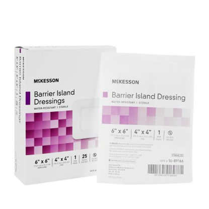 Picture of Composite Barrier Island Dressing McKesson Water Resistant 6 X 6 Inch Polypropylene / Rayon 4 X 4 Inch Pad Sterile16-89166