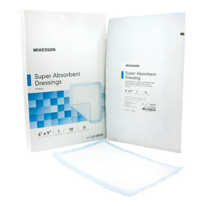 Picture of Super Absorbent Dressing McKesson Polyethylene / NonWoven Polypropylene / Cellulose / Superabsorber 6 X 9 Inch Sterile61-89569