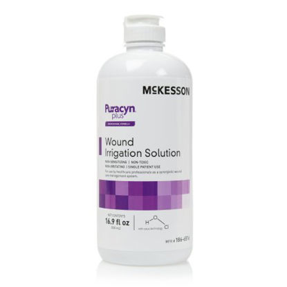 Picture of Wound Irrigation Solution McKesson Puracyn® Plus Professional 16.9 oz. Flip Top Bottle NonSterile Hypochlorous Acid (HOCI) (0.024%), Sodium Hypochlorite (NaOCI) (0.001%), Electrolyzed Water (H2O) (99.885%), Sodium Chloride (NaCI) (0.050%), Phosphates (0.040%)186-6516